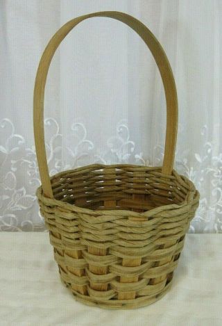 Vtg Handmade Woven Wood Bottom Berry Gathering Basket Flower Egg Farm Handle Usa