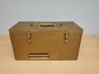 Vintage G & W Wooden Tackle Box With Leather Handle And Drawer