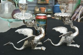 Stunning Pair Antique French Silvered Bronze Dragon Candlesticks C 1850