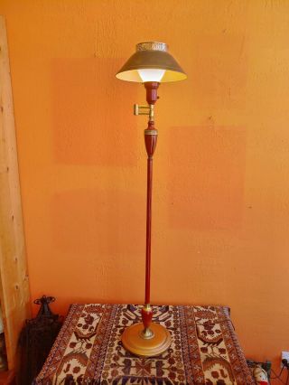 Vintage Mid Century Brass Floor Lamp Colonial Red With Black Painted Metal Shade