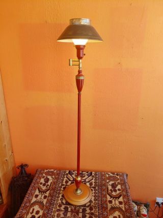 Vintage Mid Century Brass Floor Lamp Colonial Red with Black painted metal shade 3