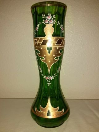 Vintage Green Glass Vase Gold Gilt Hand Painted Enamel Flowers Art Glass 8 1/2 "
