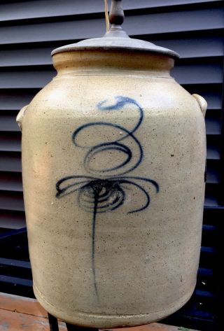 Antique Early Salt Glaze Crock Modified Lamp Bee Sting Cobalt 26”x9.  5”