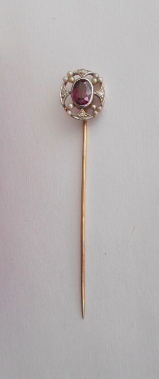 Victorian Garnet,  Rose Cut Diamond & Seed Pearl Stick Pin 14k Gold