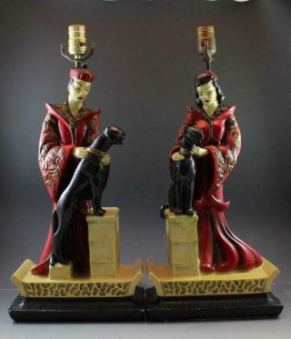 C1950 Pair Continental Art Co.  Chalkware Orientalist Lamps Figures W/ Panthers