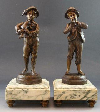 Pair C1890 French Bronze Patina Figural Boys Playing Instruments W/ Marble Bases