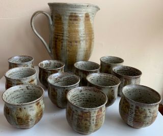 Vintage 60s Hand Crafted Studio Pottery Ceramic Pitcher Cups Mid Century Deyoe