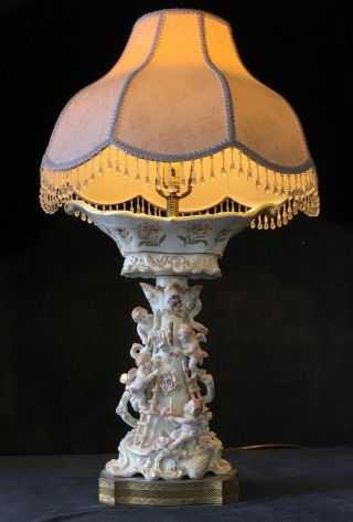 Vtg Cherub Lamp,  Atq French Meissen Porcelain Figural Angel Putti Boudoir Table