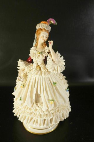 Antique Dresden Volkstedt Porcelain Figurine Woman With Mail On Hand.