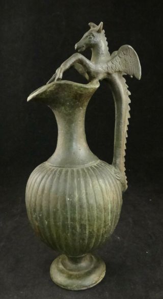 Antique Grand Tour Roman/greco Patinaed Bronze Ewer/pitcher,  9 ½” Tall.