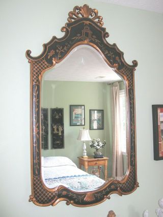 Chinoiserie Design Large Hand Painted Leather Covered Beveled Mirror
