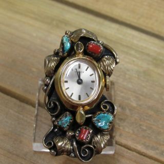 Vintage Sterling Silver And Gold Fill Turquoise And Coral Watch Ring Size 9.  5
