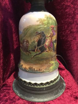 Antique Hand Painted Porcelain Oil Lamp Converted Lion Horse & Arabian Hunter