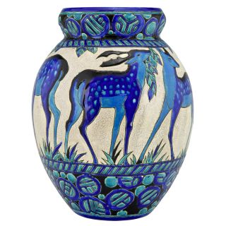 Art Deco Ceramic Vase With Deer By Charles Catteau For Boch Freres 1925,  H.  13.  5
