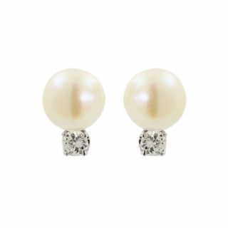 Contemporary Vintage 14k White Gold Cream Freshwater Pearl & Diamond Earrings