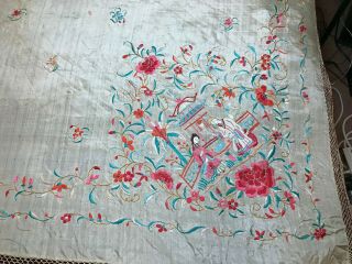 Large Antique/ Vintage Chinese Canton Embroidered Silk Piano Shawl Embroidery 3