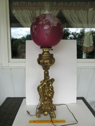 Antique Vintage Large Gwtw Banquet Lamp W/ Floral Shade & Figural Base (38.  5 ")