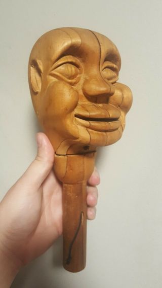 Rare Primitive Antique Vtg Folk Art Carved Hand Wood Puppet Pull String Mouth