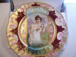 Antique Rs Prussia Porcelain Portrait Plate Woman In Breeze And Rose 9 In Autumn