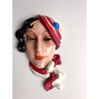 Vintage Art Deco 1930s Erphila Czech Ceramic Brunette Woman/lady Mask Plaque