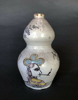 Rare Tinglaze / Faience / Delft Double - Gourd Flask,  Smoking Woman And Deer,  1700