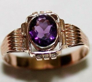 Antique Art Deco 14k Rose Gold 1ct Oval Amethyst Solitaire Hand Made Ring C 1920