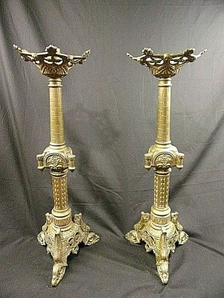 Antique 19th Brass Bronze French Gothic Candle Sticks 24 " Fine Cast Patina