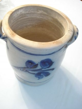Antique Vintage European Blue Decorated Salt Glazed Stoneware Crock 8 3/4x6 3/4