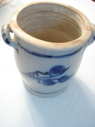 Antique Vintage European Blue Decorated Salt Glazed Stoneware Crock 8 3/4x6 3/4 2