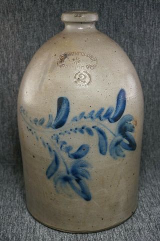 D.  P.  Shenfelder 2 Gallon Jug Blue Decorated Stoneware Salt Glazed - Reading,  Pa