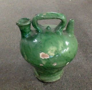 Antique Pottery Jug.  19th C French Confit Jug.  9 " Tall.  Green & Beige.