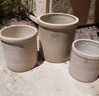 3 Vintage Pottery Crocks Pacific Clay Co J.  A.  Bauer 10,  5,  3 Gal Local Pick Up