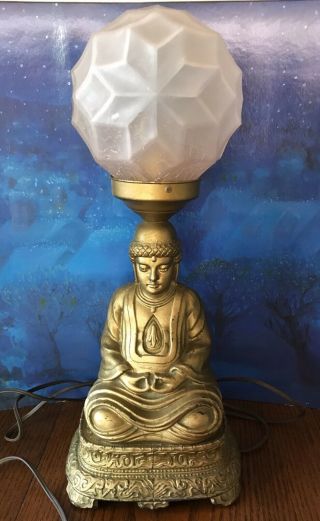 Art Deco Antique Spelter Metal Buddha Lamp W/ Orig.  Pink Glass Shade