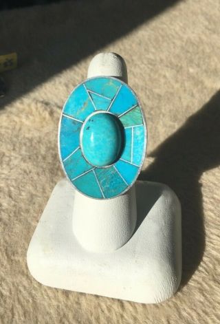 Vintage Sterling Silver & Inlaid Turquoise Ring Large Unique Oval Shape 925