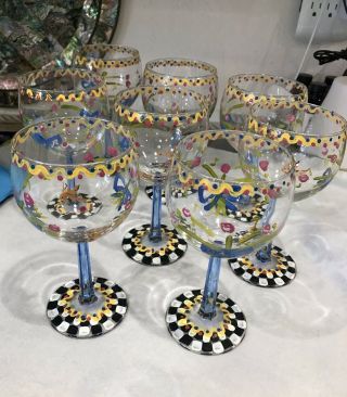 Set Of 8 Mackenzie Childs Wine Glass Goblets Bows Koi Designer