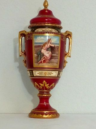 Antique Royal Bonn Germany Portrait Porcelain Urn Vase W Gold Handles & Lid Top