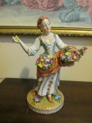 Antique Carl Thieme Dresden German Porcelain Figurine Girl With Flowers