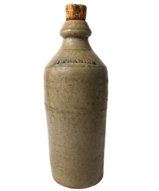 Mid - 19th C American Antique J.  Francis Stamped Stoneware Cer Beer Bottle,  W/cork