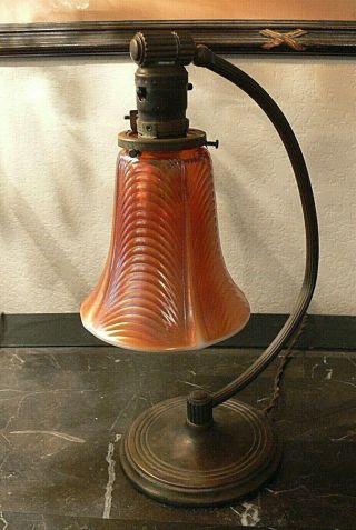 Antique Art Deco Brass Chase Table Desk Lamp Studio Iridescent Art Glass Shade