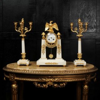 Antique French Empire Ormolu And Marble Portico Clock Set