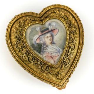 French Gilt Bronze Jewelry / Trinket Box,  Hand Painted Portrait Of Lady Signed