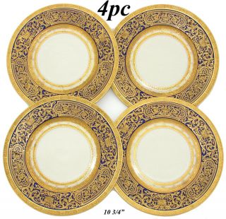 Fab Vintage Czech 4pc Cobalt & Raised Gold Enamel 10 3/4” Dinner Plate Set
