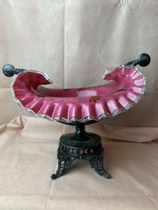 Antique Hand Painted Pink Ruffled Glass Brides Basket W/ Pairpoint Silver Stand