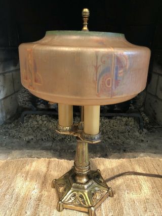 Antique Art Deco Reverse Painted And Brass Table/desk Lamp