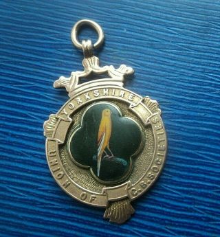 Vintage 9ct Gold & Enamel Canary / Caged Bird Fob Medal H/m Birmingham 1913