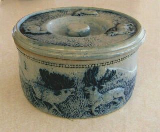Antique Whites Utica Stoneware Pottery Crock 1 With Lid Deer Hunt Scene