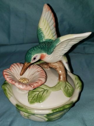 Vintage Fitz And Floyd " Hummingbird & Hibiscus " Ceramic Porcelain Box 1988