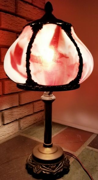 Antique 1900s Stained Slag Glass Table Lamp With Brass Base,  Art Nouveau