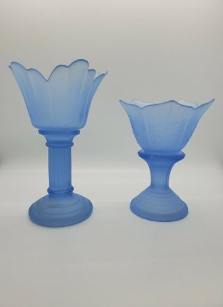 Set Of 2 Vintage Frosted Blue Glass Candle Holders