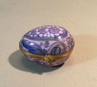 Limoges France.  Egg Shape Lidded Trinket Box Blue Pink Florals